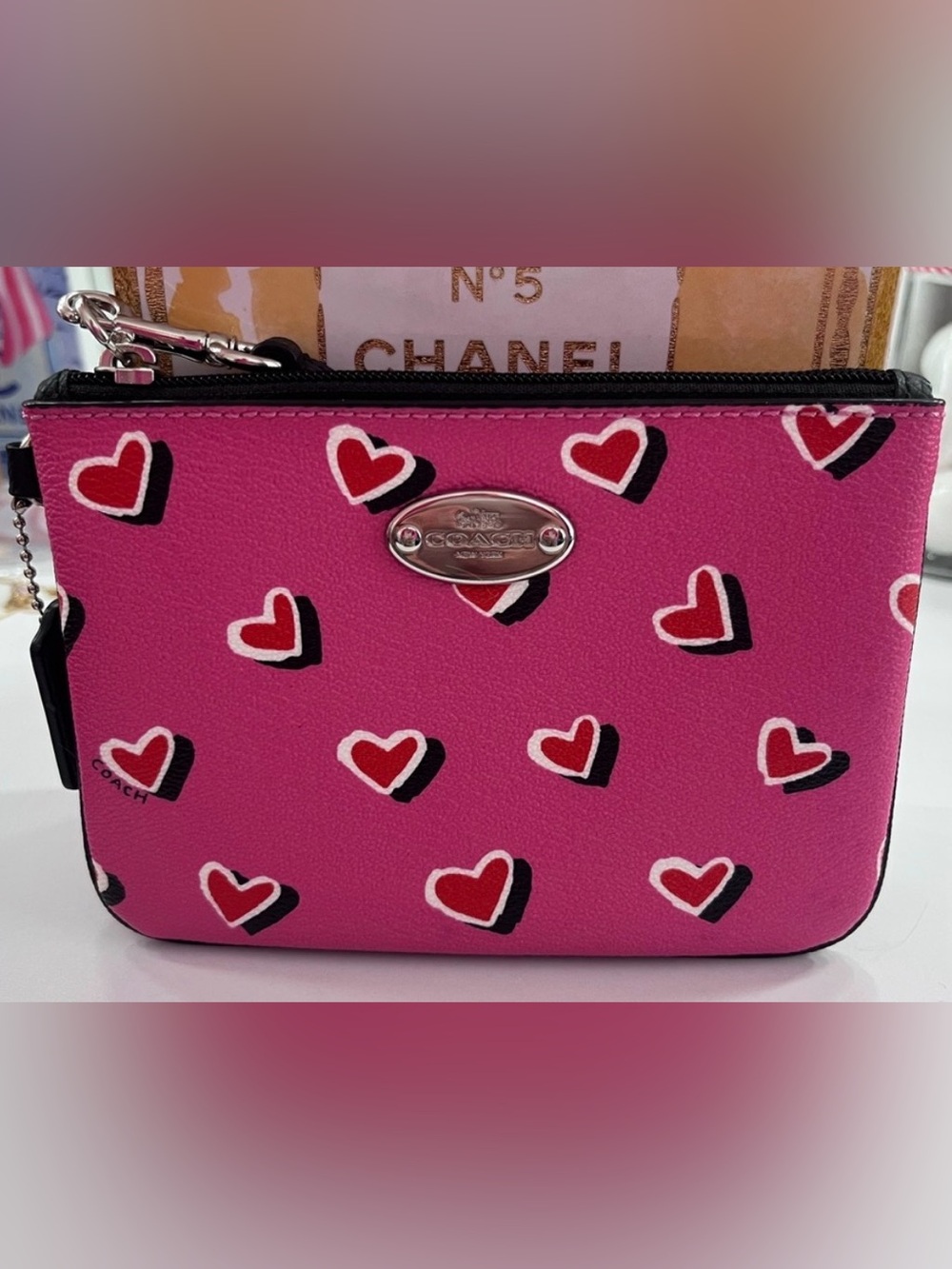Coach Pink Heart Print Wristlet w/ Strap, Hang Tag & RARE Silver Logo Plate EUC